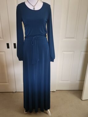 Classic Long Sleeve Blue Maxi Dress with Waist Tie